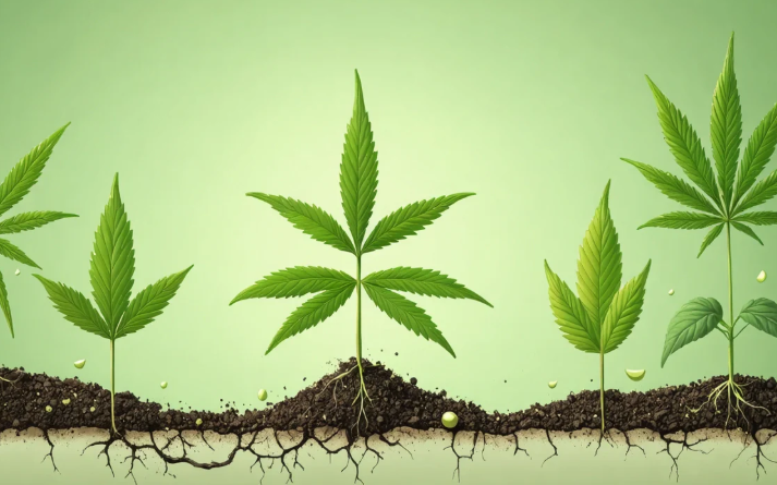 Indoor cultivation setup with LED grow lights illuminating multiple cannabis plants in various growth stages