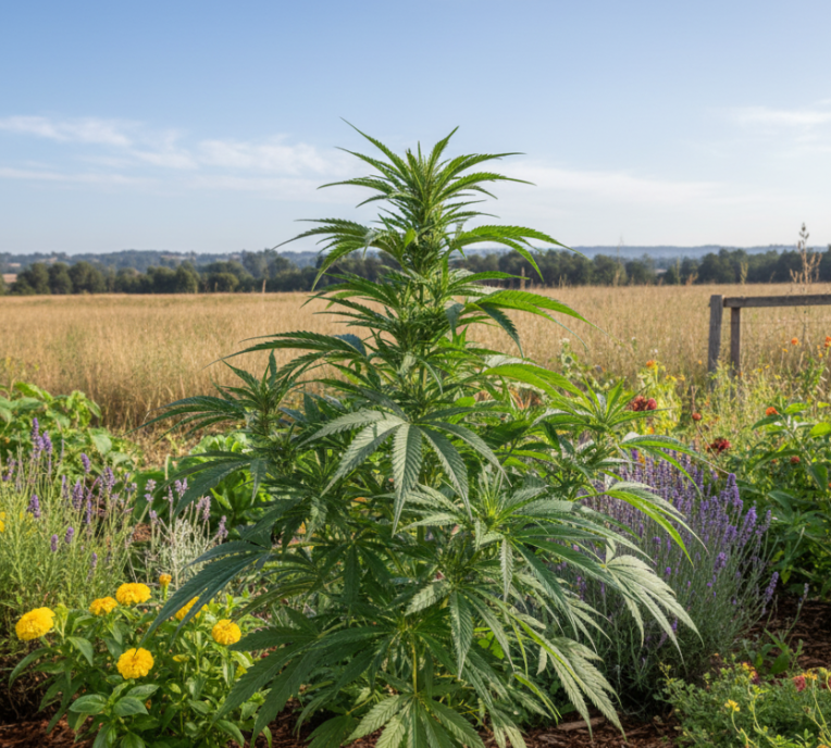 Cannabis plant in flowering stage with multiple colas and well-developed canopy structure